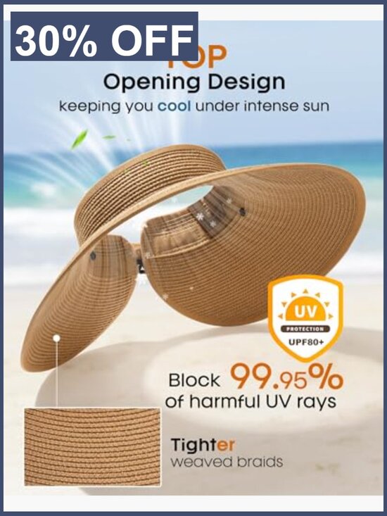UPF 80+ Sun Visor Straw Hat for Women, Packable Beach Hat with Ponytail Hole main image 6